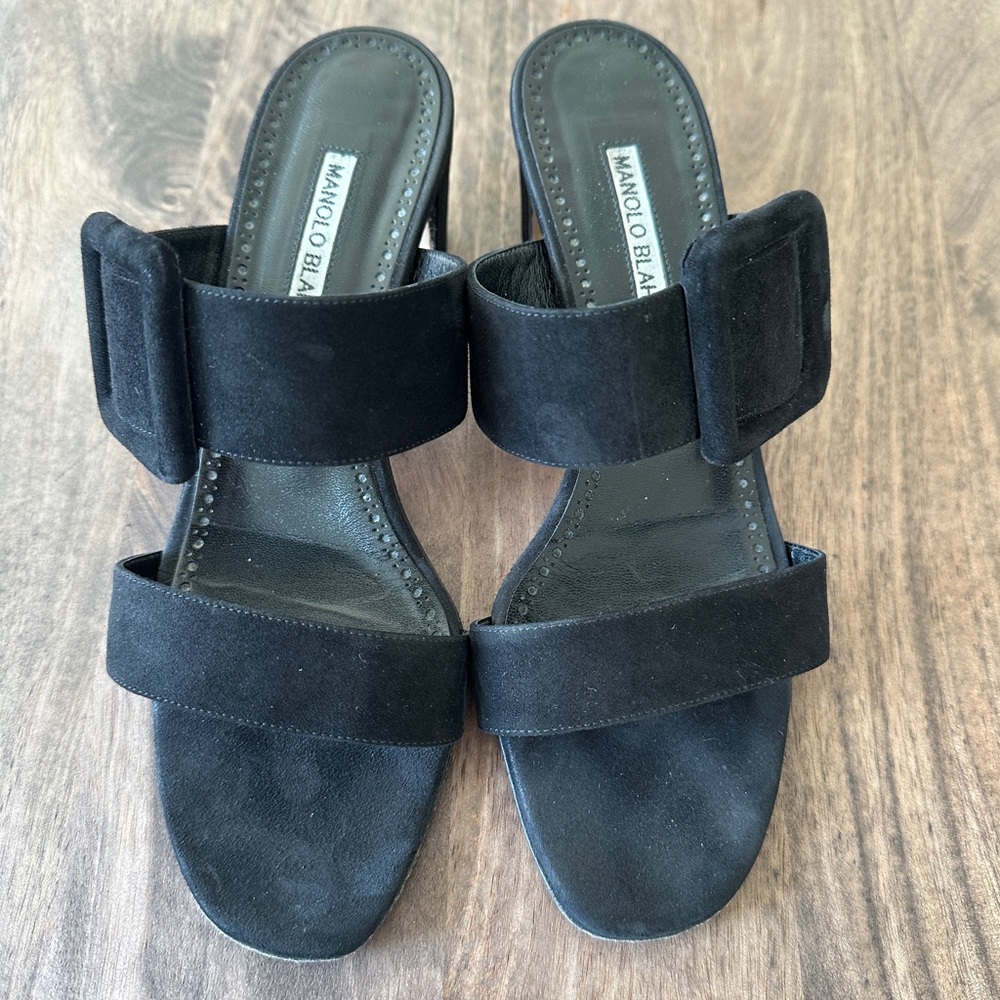 Manolo Blahnik Black Suede Buckle Low Heel Slides